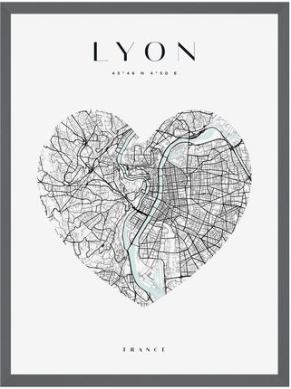Mpink Plakat Mapa Miasta Lyon Serce 30x40 Cm + Ramka Kamienna Szarość 9655