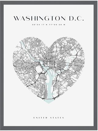 Mpink Plakat Mapa Miasta Waszyngton Serce 24x30 Cm + Ramka Kamienna Szarość 9665