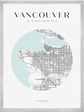Mpink Plakat Mapa Miasta Vancouver Koło 24x30 Cm + Ramka Srebrna 7298