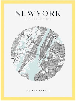 Mpink Plakat Mapa Miasta New York Koło 40x50 Cm + Ramka Żółta 7018