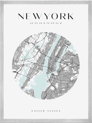 Mpink Plakat Mapa Miasta New York Koło 30x40 Cm + Ramka Srebrna 7029