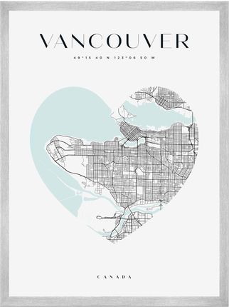 Mpink Plakat Mapa Miasta Vancouver Serce 21x29,7 Cm + Ramka Srebrna 7342