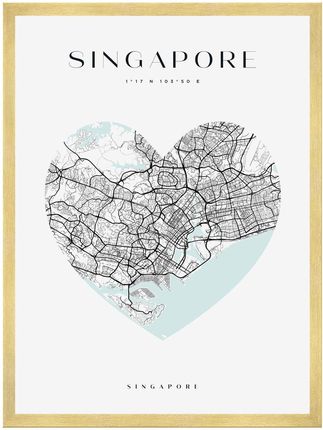 Mpink Plakat Mapa Miasta Singapur Serce 21x29,7 Cm + Ramka Złota 7486