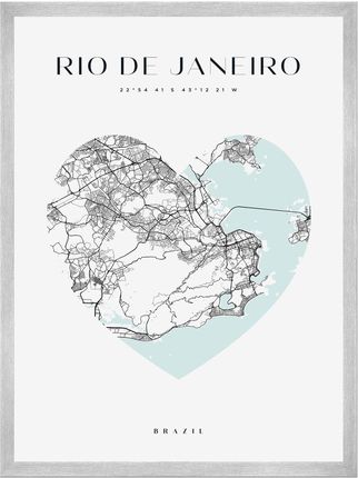 Mpink Plakat Mapa Miasta Rio De Janeiro Serce 24x30 Cm + Ramka Srebrna 10170