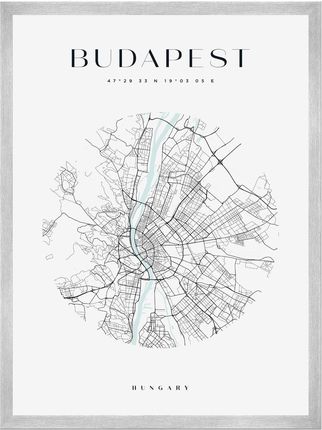 Mpink Plakat Mapa Miasta Budapeszt Koło 50x70 Cm + Ramka Srebrna 7932