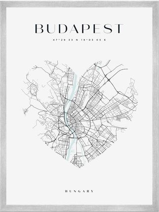 Mpink Plakat Mapa Miasta Budapeszt Serce 24x30 Cm + Ramka Srebrna 8016