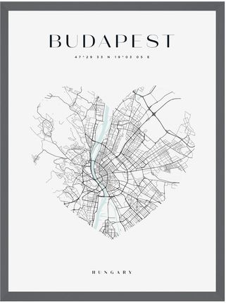 Mpink Plakat Mapa Miasta Budapeszt Serce 21x29,7 Cm + Ramka Kamienna Szarość 8034