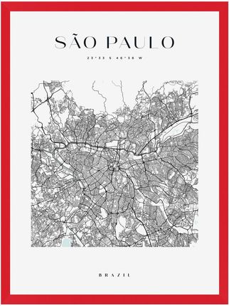 Mpink Plakat Mapa Miasta Sao Paulo Kawadrat 21x29,7 Cm + Ramka Czerwona 8088