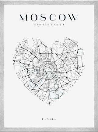 Mpink Plakat Mapa Miasta Moskwa Serce 30x40 Cm + Ramka Srebrna 10734