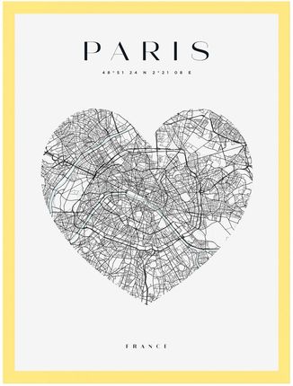 Mpink Plakat Mapa Miasta Paryż Serce 21x29,7 Cm + Ramka Żółta 8264