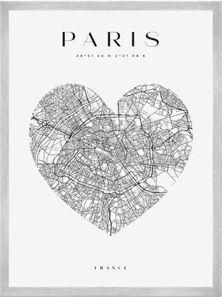 Mpink Plakat Mapa Miasta Paryż Serce 24x30 Cm + Ramka Srebrna 8290