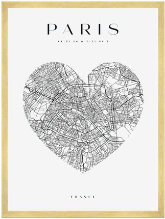 Mpink Plakat Mapa Miasta Paryż Serce 40x50 Cm + Ramka Złota 8304