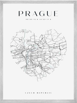 Mpink Plakat Mapa Miasta Praga Serce 24x30 Cm + Ramka Srebrna 10999