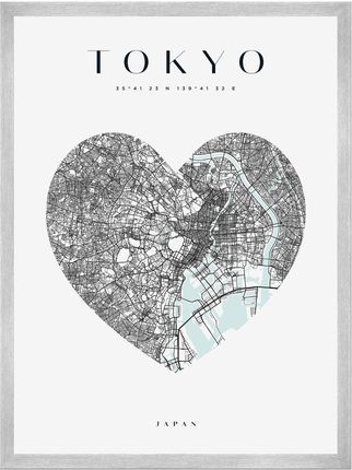 Mpink Plakat Mapa Miasta Tokyo Serce 40x50 Cm + Ramka Srebrna 8567