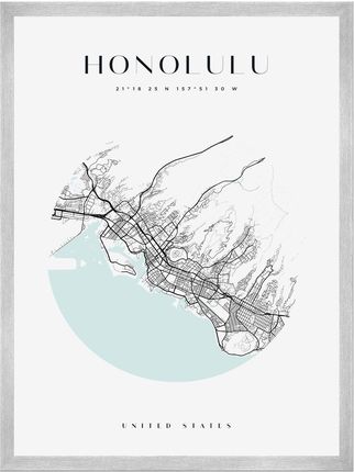 Mpink Plakat Mapa Miasta Honolulu Koło 24x30 Cm + Ramka Srebrna 11170