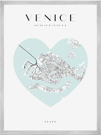 Mpink Plakat Mapa Miasta Wenecja Serce 30x40 Cm + Ramka Srebrna 8833