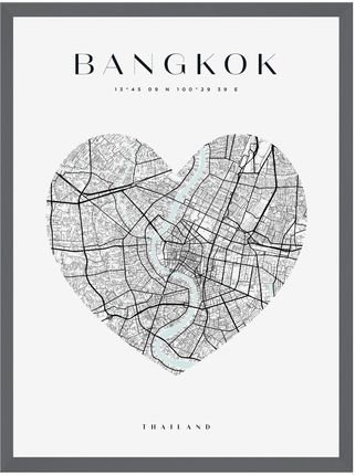 Mpink Plakat Mapa Miasta Bangkok Serce 24x30 Cm + Ramka Kamienna Szarość 8846