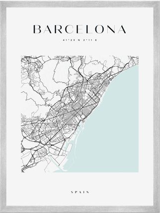 Mpink Plakat Mapa Miasta Barcelona Kwadrat 30x40 Cm + Ramka Srebrna 8924