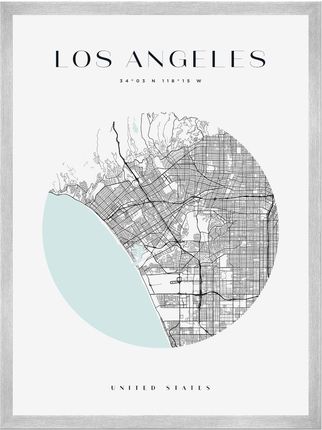 Mpink Plakat Mapa Miasta Los Angeles Koło 40x50 Cm + Ramka Srebrna 11995