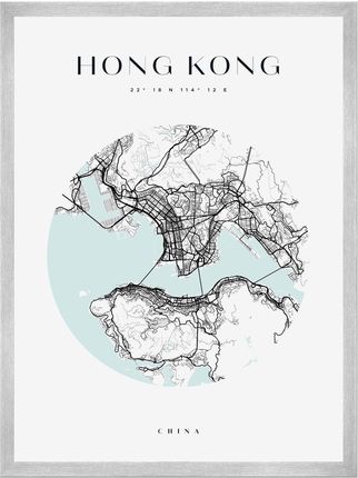 Mpink Plakat Mapa Miasta Hong Kong Koło 30x40 Cm + Ramka Srebrna 12264