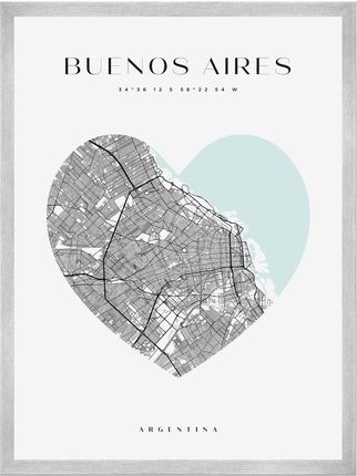 Mpink Plakat Mapa Miasta Buenos Aires Serce 40x50 Cm + Ramka Srebrna 12628