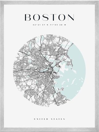 Mpink Plakat Mapa Miasta Boston Koło 40x50 Cm + Ramka Srebrna 13078