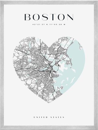 Mpink Plakat Mapa Miasta Boston Serce 40x50 Cm + Ramka Srebrna 13167