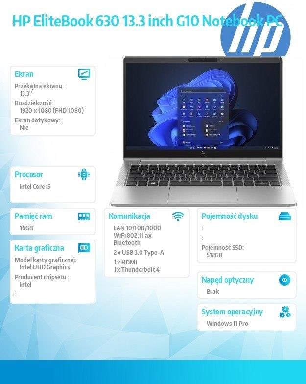 Laptop HP EliteBook 630 G10 13,3/i5/16GB/512GB/Win11 (85D47EA