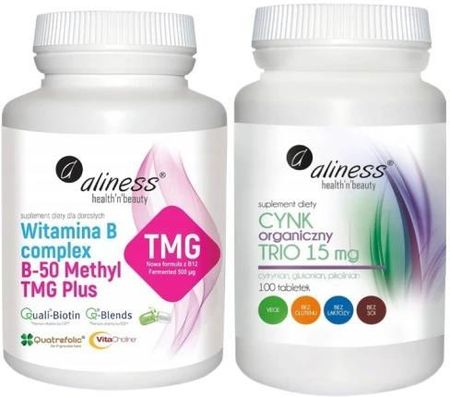 Zestaw Witamina B-50 complex Methyl TMG 100 kaps + Cynk organiczny TRIO 15 mg Aliness
