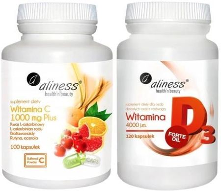 Witamina C 1000 mg Plus Bioflawonoidy + Witamina D3 FORTE oil 4000 j.m. 120 kapsułek, Aliness