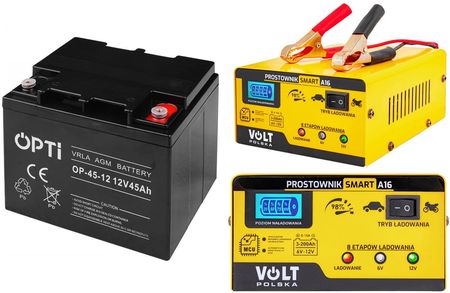 Zestaw akumulator Volt OPTI VRLA AGM 12V 45Ah + prostownik Smart 6/12V 15A
