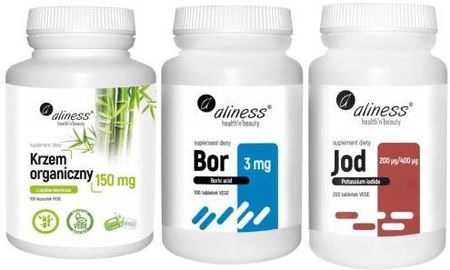Zestaw Aliness Krzem Organiczny 150mg 100kaps. + Bor 3 mg (kwas borowy) 100 tab. + Jod (jodek potasu) 200 µg / 400 µg 200tabs.