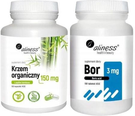 Zestaw Krzem Organiczny 150mg 100x vege caps Aliness + Bor 3 mg (kwas borowy) x 100 tabletek vege, Aliness