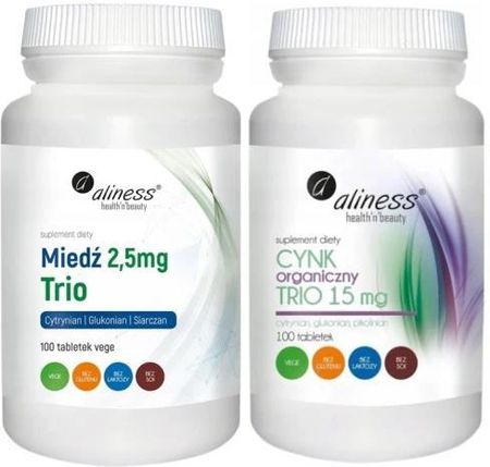 Zestaw Aliness Cynk organiczny TRIO 15 mg + Miedź trio 2,5 mg x 100 vege tab.