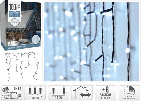 Koopman Lampki Choinkowe Kurtyna Świetlna Zew 180 Led Timer Zimny Biały Kabel Transparentny