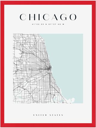 Mpink Plakat Mapa Miasta Chicago Kwadrat 40X50 Cm + Ramka Czerwona