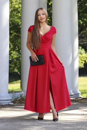 Niezwykła sukienka maxi z subtelnie zaznaczonym rozcięciem na nodze (Czerwony, XL)