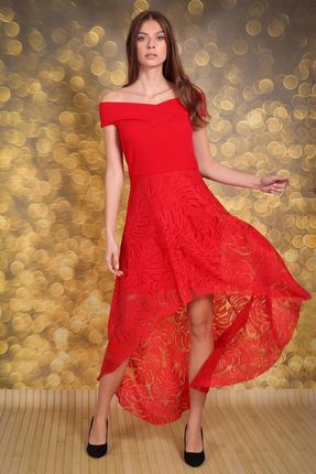 Asymetryczna sukienka z koronkową wstawką (Czerwony, S)