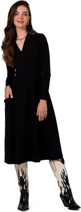 B266 Sukienka rozkloszowana z naszytymi kieszeniami - czarna (kolor czarny, rozmiar S)