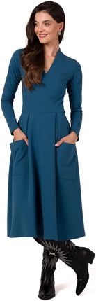 B266 Sukienka rozkloszowana z naszytymi kieszeniami - morski (kolor niebieski, rozmiar XL)