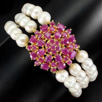 Songea 925 Bransoletka naturalne perły rubiny piękna