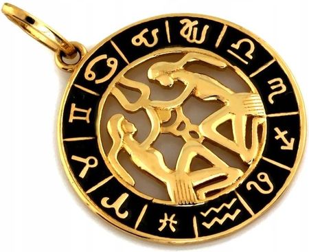 Lovrin Złota zawieszka 585 Bliźnięta zodiak czarna emalia