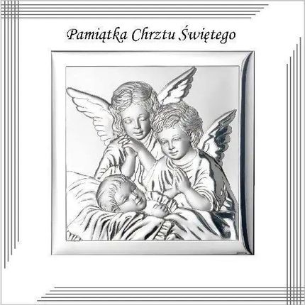 Valenti Srebrny obrazek na chrzest z aniołem stróżem nowoczesny pamiątka chrztu w białej oprawie | Rozmiar: 12x12 cm SKU: VL852S1/3L