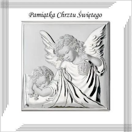 Valenti Srebrny obrazek na chrzest z aniołem stróżem nowoczesny pamiątka chrztu w białej oprawie | Rozmiar: 12x12 cm SKU: VL851S1/3L