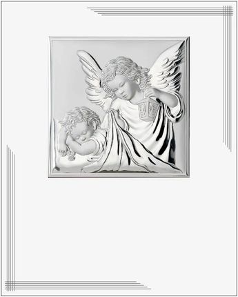 Valenti Srebrny obrazek na chrzest z aniołem stróżem nowoczesny pamiątka chrztu w białej oprawie | Rozmiar: 25x20 cm SKU: VL880BI