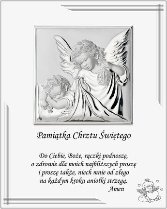 Valenti Srebrny obrazek na chrzest z aniołem stróżem nowoczesny pamiątka chrztu w białej oprawie | Rozmiar: 25x20 cm SKU: VL880S2BI