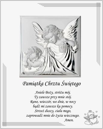 Valenti Srebrny obrazek na chrzest z aniołem stróżem nowoczesny pamiątka chrztu w białej oprawie | Rozmiar: 25x20 cm SKU: VL880S3BI