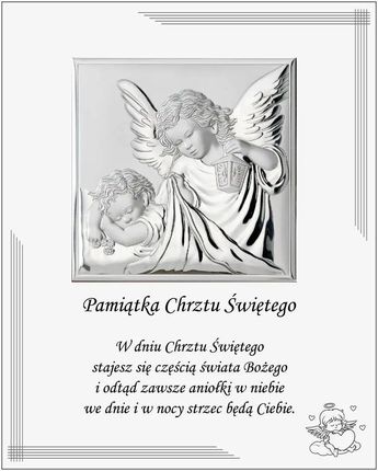Valenti Srebrny obrazek na chrzest z aniołem stróżem nowoczesny pamiątka chrztu w białej oprawie | Rozmiar: 25x20 cm SKU: VL880S1BI