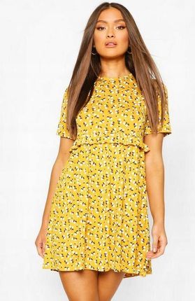 Boohoo żółta sukienka falbanka w pasie kwiatki 40