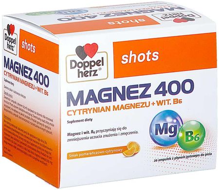 Doppelherz® Shots Magnez 400 Cytrynian Magnezu + Wit. B6 25 Ml X 20 Ampułek